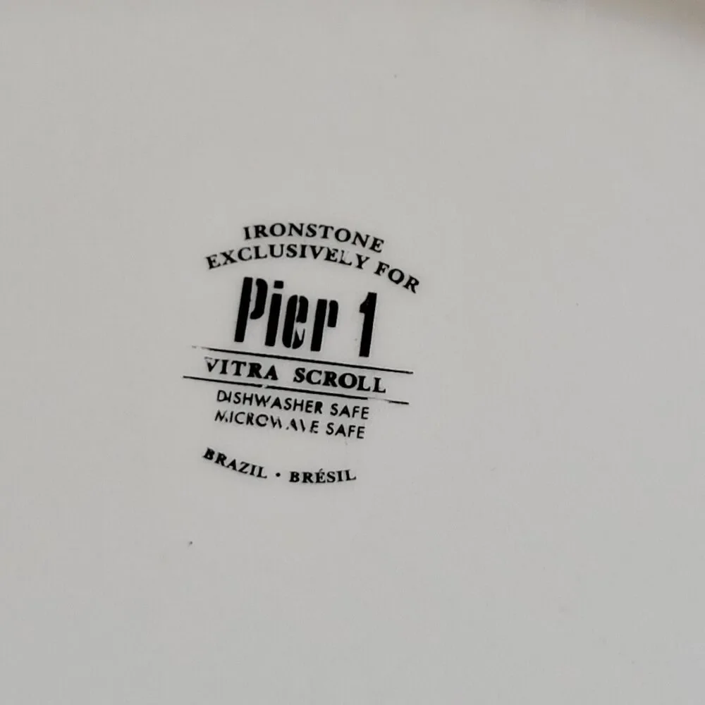 pier 1  Farm House Ceramic oval serving bowl vitra scroll green rim 12